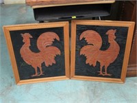 Pr Wooden Rooster Pictures 22" x 19 1/4"
