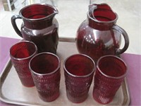 Ruby glass 2 pitchers 4 tumblers