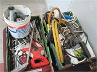 2 bins misc. tools, electrical, power strips