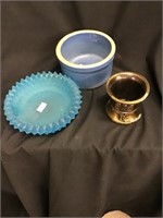 Satin Glass Bowl, Small Blue Crock, Has Crack