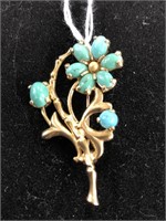 14k Yellow Turquoise Brooch.