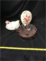 Hen On Nest, Pink Depression Bowl & Glass Egg
