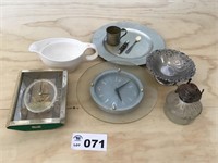 WALL CLOCKS, PITCHER, OIL LAMP, MISC ITEMS