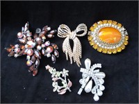 5 broaches -  silvertone broach missing its pin
