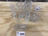 CRYSTAL VASES, BUTTER DISH, DECANTER
