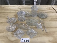 CRYSTAL DECANTER, ASSORTED DISHES, FORK SPOON