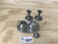 PEWTER SERVING SET, CANDLE STICKS, CANDLE SNUFFER