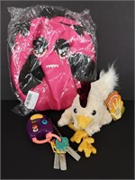 Kids toy lot, mini pink backpack, chicken puppet +
