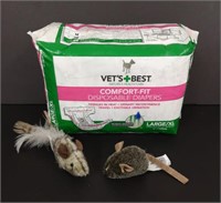 Pet lot, new disposable diapers and cat toys