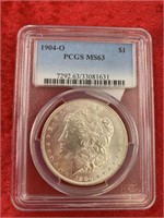 Morgan silver dollar, MS 63, 1904 O by PCGS
