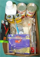 FLAT BOX OF PAINTING ITEMS AND MORE