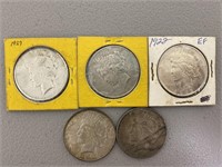 5 pcs 1922, 24, 25, 26-D, 27 peace dollar