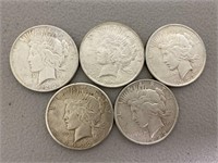 5 pcs 1922P, 22-D, 22-S, 23P, 23-S peace dollar