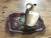 Vintage Stoneware Jug Crock and Toleware Tray