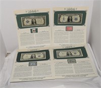 Four $1 Silver Certificates w/ Stamp & Info Sheet