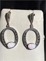 White Opal and marcasite pierced earrings mounted