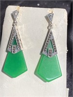 Jade and marcasite pierced earrings mounted in