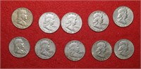 (10) Franklin Silver Half Dollars 1952 to 1963 Mix
