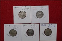 (5) Five Cent Shield Coins 1866 to 1882 Mix
