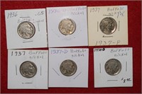 (6) Buffalo Nickels 1936 to 1938-D Mix