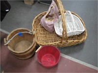 3 baskets, wood pail, clothespin holder