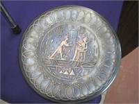 Egyptian silver inlay on copper 8" diam