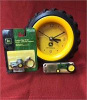 John Deere clock, key chain, pocket knife