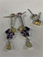 2 Pair Sterling Silver Earrings -Opals & Amethyst