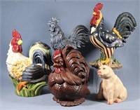 5pc. Ceramic & Resin Roosters + Pig