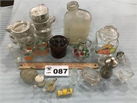 ASSORTMENT OF GLASS JARS, CRUET, SALT & PEPPER