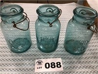 3 BLUE GLASS JARS. NO LIDS