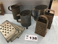 VINTAGE GRATERS, SIFTERS, MEASURING CUP