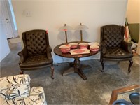 2PC TUFTED LEATHER WINGBACK CHAIRS