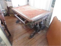 Incredible mission oak ornate desk with fabric top