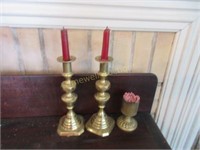 Brass candlesticks and match holder