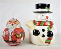 CHRISTMAS SNOWMAN COOKIE JAR & SANTA TIN