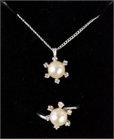 VINTAGE PEARL & DIAMOND NECKLACE AND RING SET