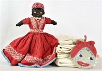 ANTIQUE TOPSY-TURVY DOLL & EMBROIDERED SACK CLOTH