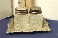 Silver plate salt and pepper with tray