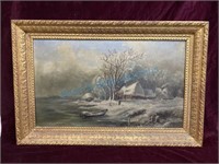Antique oil on canvas winter scene unsigned