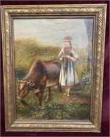 Original oil on canvas girl with Cow antique