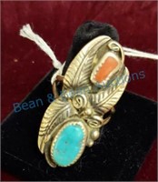 Pawn Turquoise and coral ring sterling