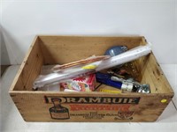 misc lot in drambuie wood box- paint, wire, etc.