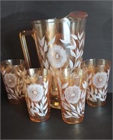 Carnival Glass Marigold White Flowers Bar Set U7D