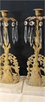 Pair Victorian Crystal Bronze Marble Candles U16A