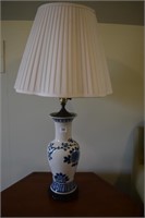 BLUE AND WHITE LAMPS W/ PLEATED SHADES AND WOOD