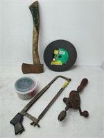misc lot- hand drill, axe, toy truck, etc.