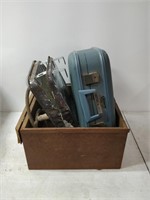 misc lot- primitive tools, paint tray, suit case