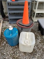pylon, 2 containers and trash can