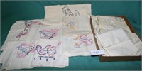 FLAT BOX OF ASSORTED VTG. EMBROIDERY TEA TOWELS